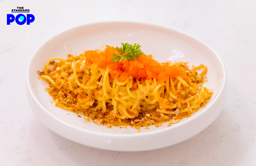 Spaghetti Shrimp Paste & Garlic on white dish