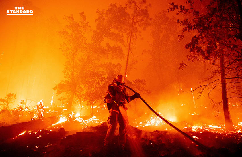 นักดับเพลิงต่อสู้กับเปลวไฟ ขณะไฟป่า Creek ลุกลามพื้นที่ป่าคาสซาเดล เขตมาเดอรา เคาน์ตี้ รัฐแคลิฟอร์เนีย เมื่อวันที่ 7 กันยายน 