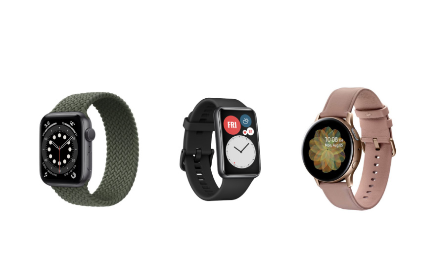 (ซ้ายไปขวา) Apple Watch, Huawei Watch Fit และ Galaxy Watch Active 