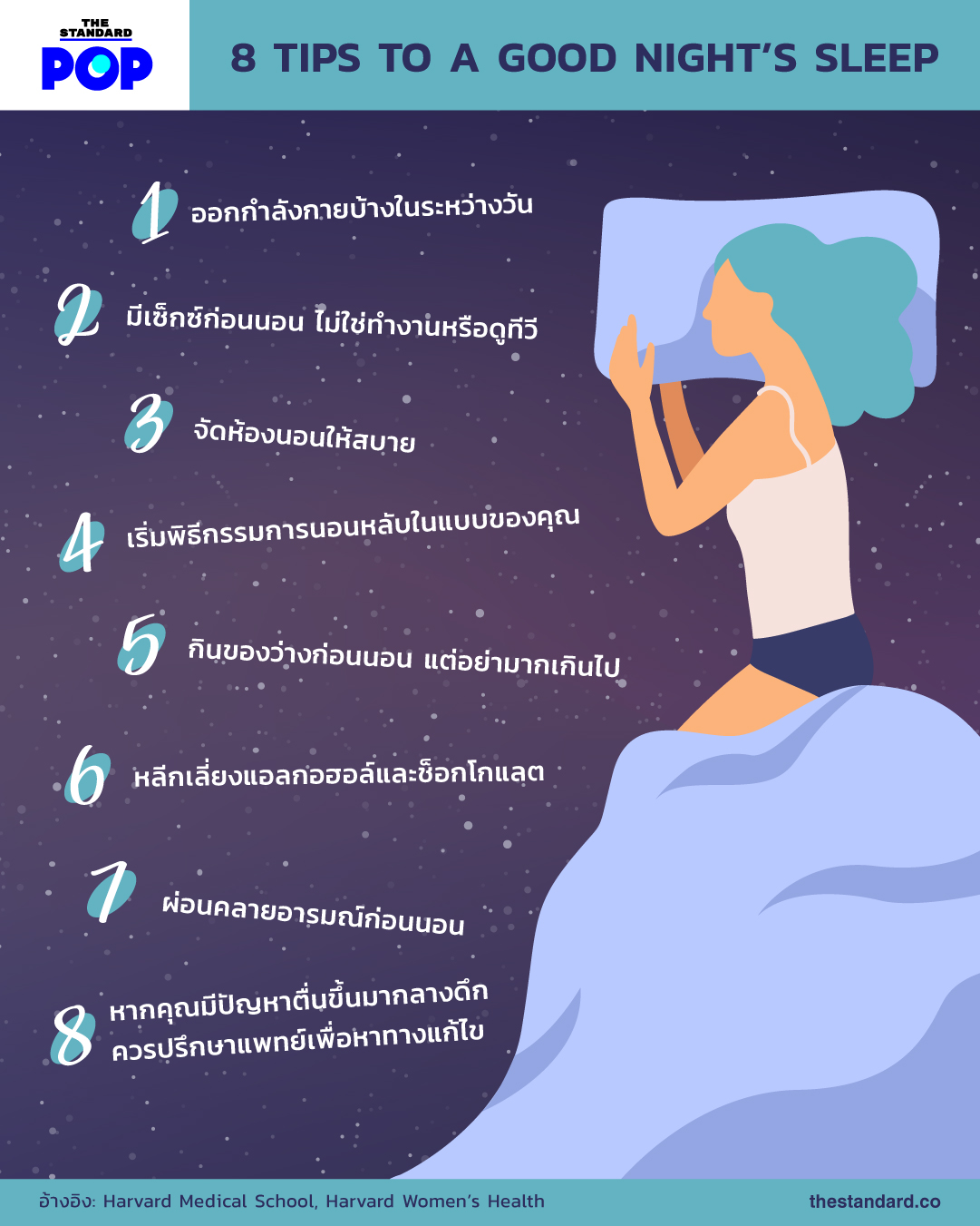 8 เคล็ดลับเพื่อการนอนหลับที่ดีขึ้น โดย Harvard Women’s Health 