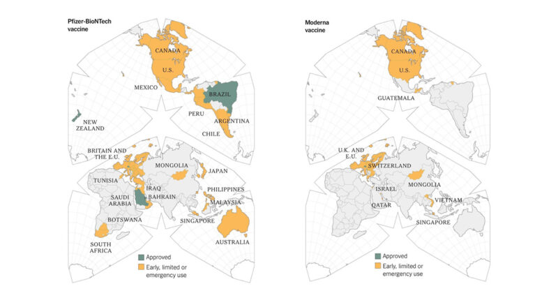 The New York Times นำสีเหลืองในแผนที่ที่ระบุประเทศที่อนุมัติการใช้วัคซีน Pfizer และ Moderna ของไทยออกแล้ว