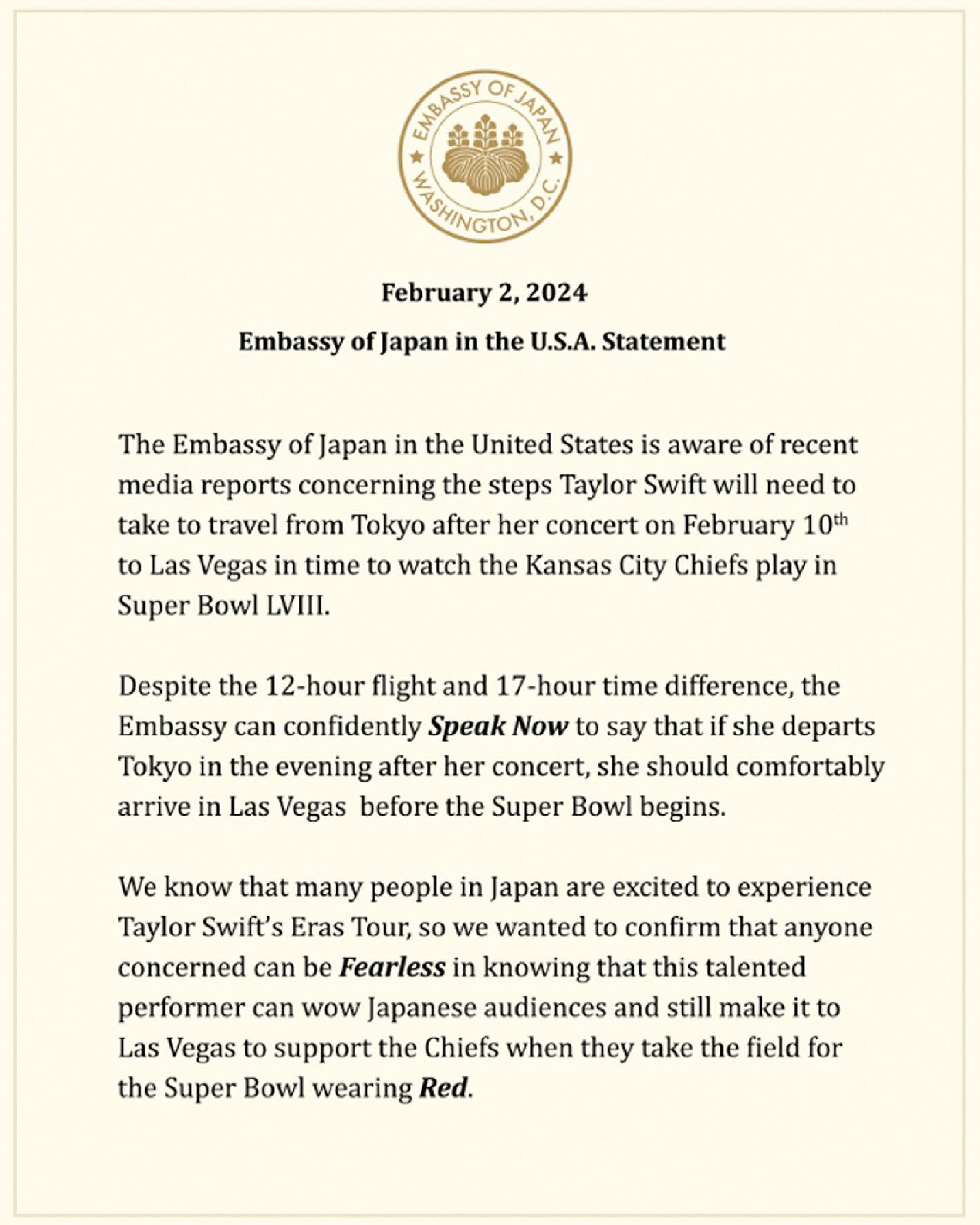 日本大使館、テイラー・スウィフトがスーパーボウルに間に合うように復帰することを確認
