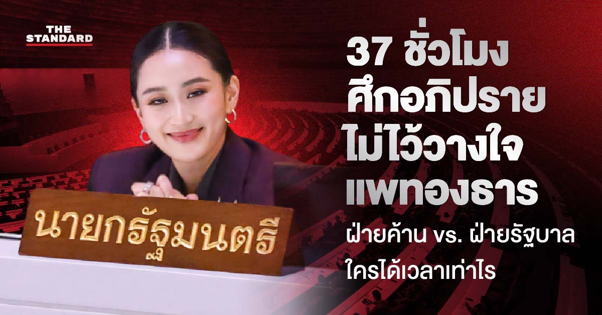 ตารางกรอบ เวลาอภิปรายไม่ไว้วางใจ รัฐบาลแพทองธาร 24-25 มีนาคม แสดงสัดส่วนเวลาระหว่างฝ่ายค้าน 28 ชั่วโมง และรัฐบาล 7 ชั่วโมง