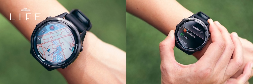 สมาร์ทวอทช์ Garmin Forerunner 970 บนข้อมือระหว่างวิ่งกลางแจ้ง