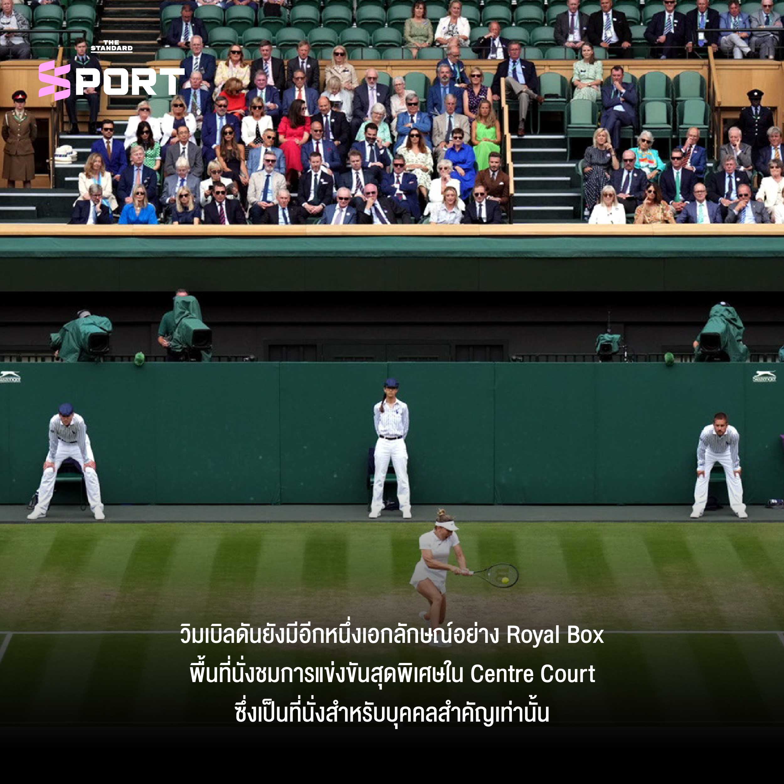 ภาพนักเทนนิสใส่ชุดขาวล้วนบนคอร์ตหญ้าวิมเบิลดัน