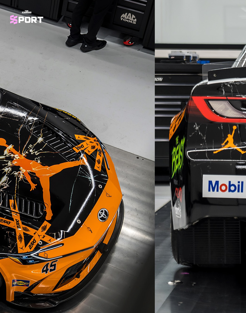 รถแข่ง Toyota Camry No.45 ลาย Shattered Backboard จากทีม 23XI Racing ที่ได้แรงบันดาลใจจาก Air Jordan 1