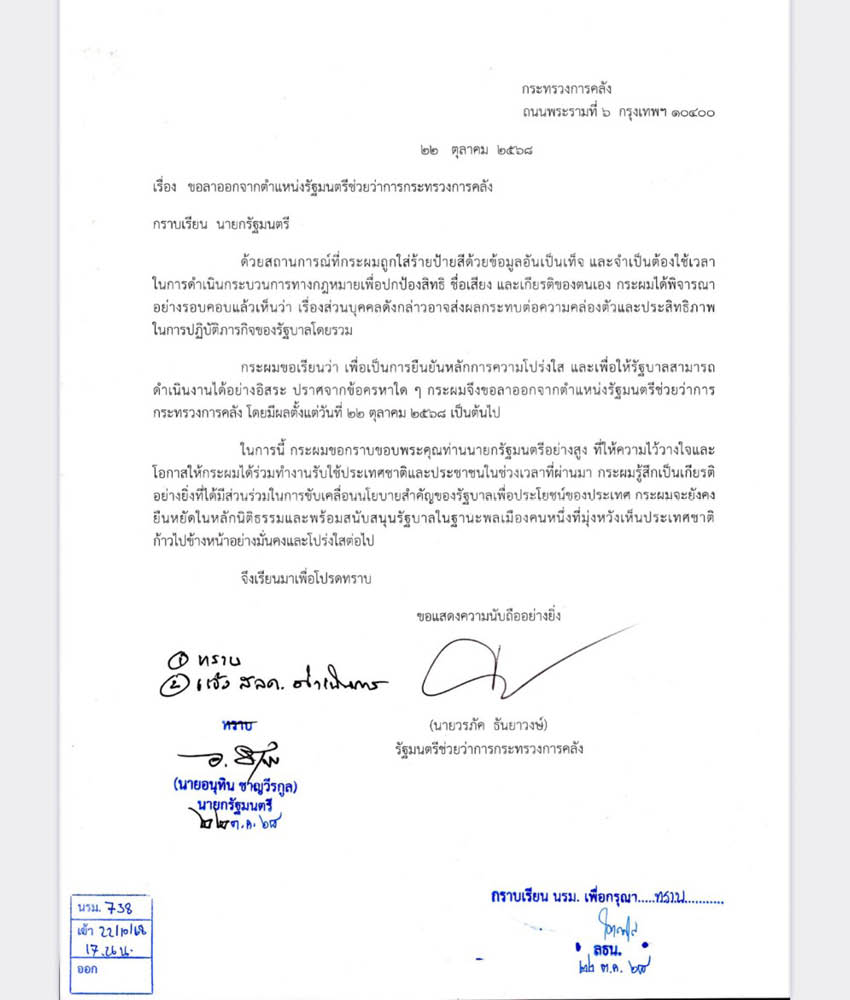 หนังสือลาออกของ วรภัค ธันยาวงษ์ จากตำแหน่ง รมช.คลัง 