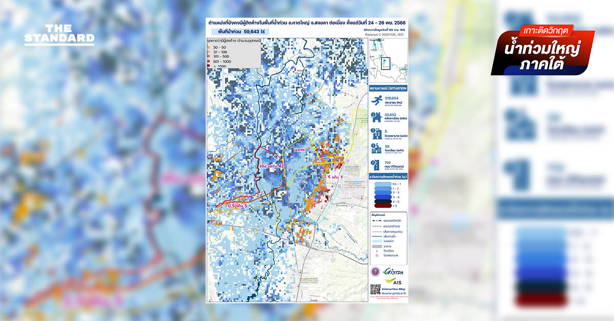 GISTDA เผยประชาชนจำนวนมากยังอาศัยในโซนน้ำท่วม พื้นที่ประสบภัย 5.9 หมื่นไร่ครอบคลุม หาดใหญ่-พื้นที่ใกล้เคียง