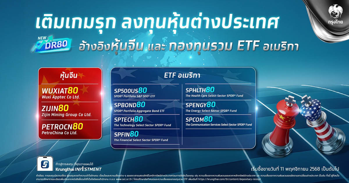 ตอกย้ำผู้นำตลาดลงทุนหุ้นนอก กรุงไทยเปิดตัว DR80 ชุดใหม่ 10 หลักทรัพย์ อิงกองทุน ETF ชั้นนำจาก อเมริกา และหุ้นเมกะเทรนด์ จีน
