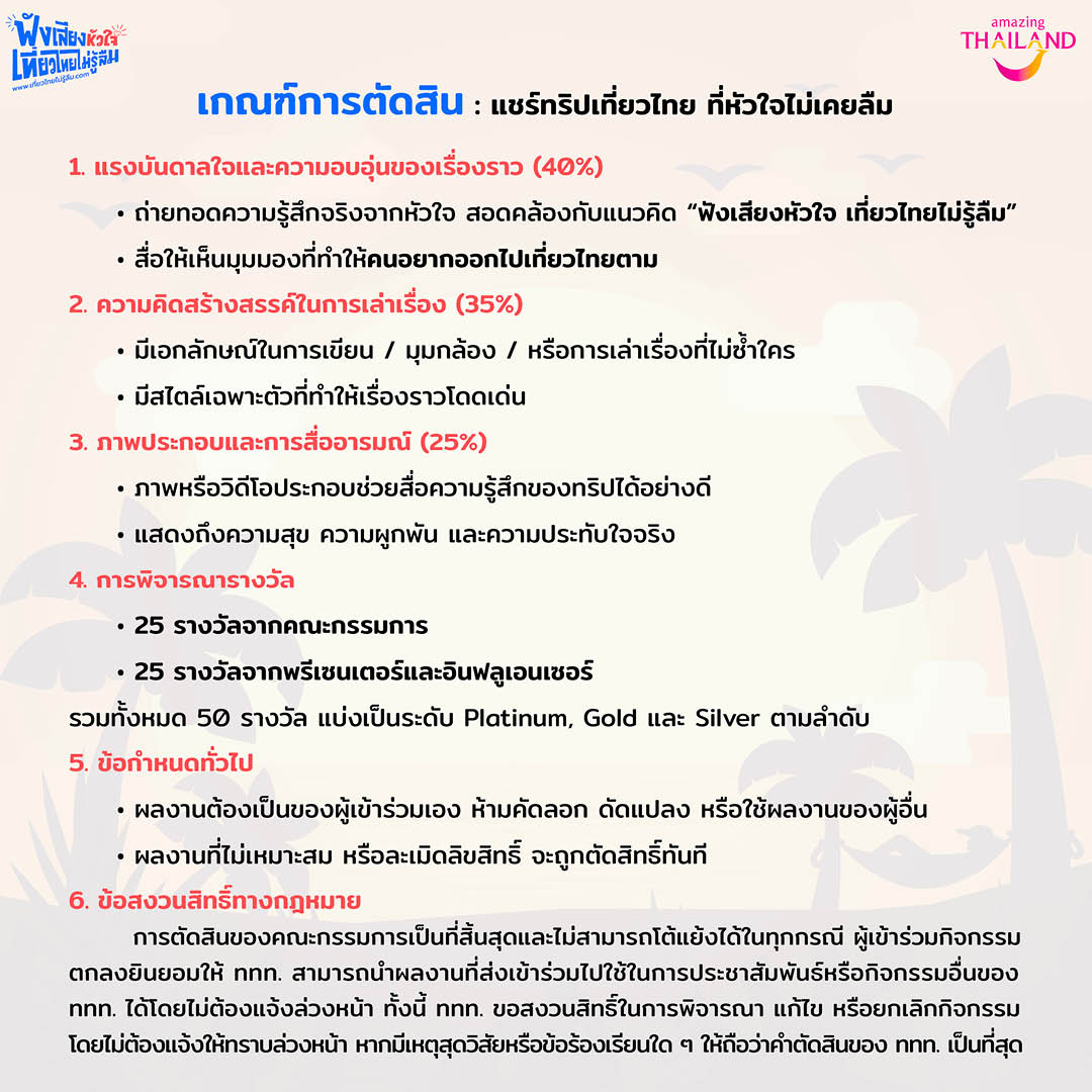 ททท. ชวนแชร์ทริปเที่ยวไทยที่หัวใจไม่เคยลืม & แต่งไทยเที่ยวไทย ลุ้นที่พักกว่า 50 รางวัล ถึง 15 พ.ย. นี้ 2