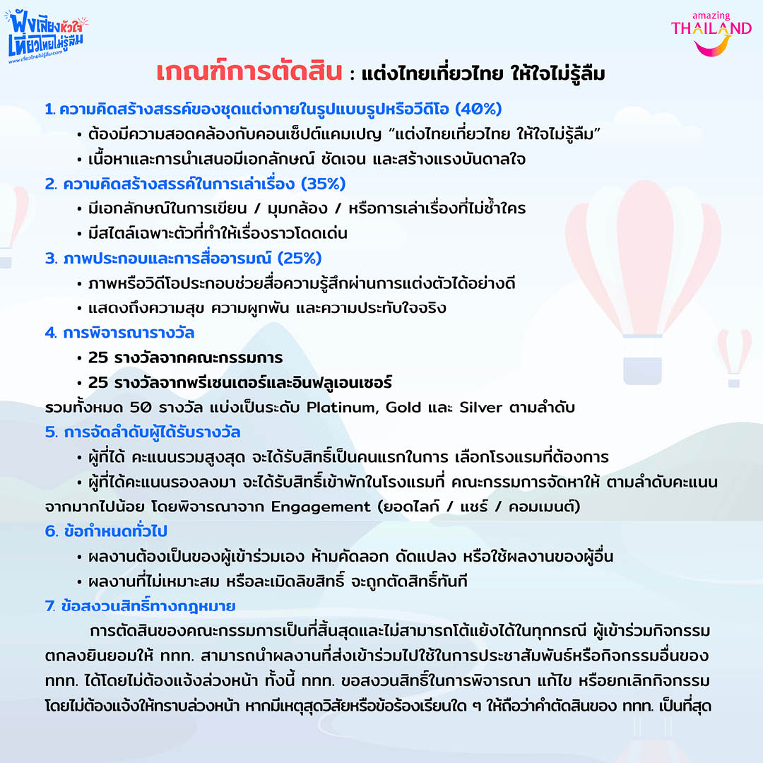 ททท. ชวนแชร์ทริปเที่ยวไทยที่หัวใจไม่เคยลืม & แต่งไทยเที่ยวไทย ลุ้นที่พักกว่า 50 รางวัล ถึง 15 พ.ย. นี้ 5