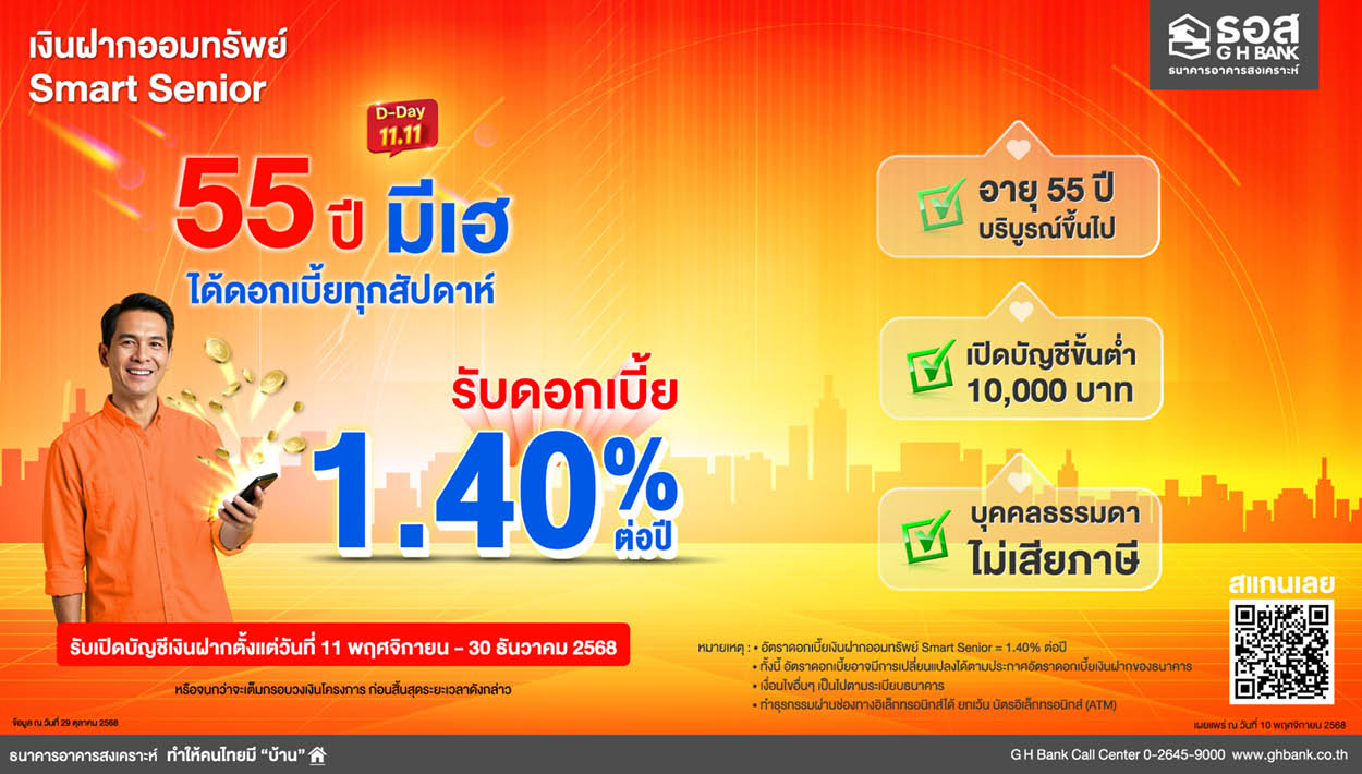 ธอส. เปิดตัว ** ‘Smart Senior’** เงินฝากออมทรัพย์สำหรับวัย 55 ขึ้นไป ดอกเบี้ยสูงถึง 1.40% ต่อปี พร้อมยกเว้นภาษี [ADVERTORIAL] 1