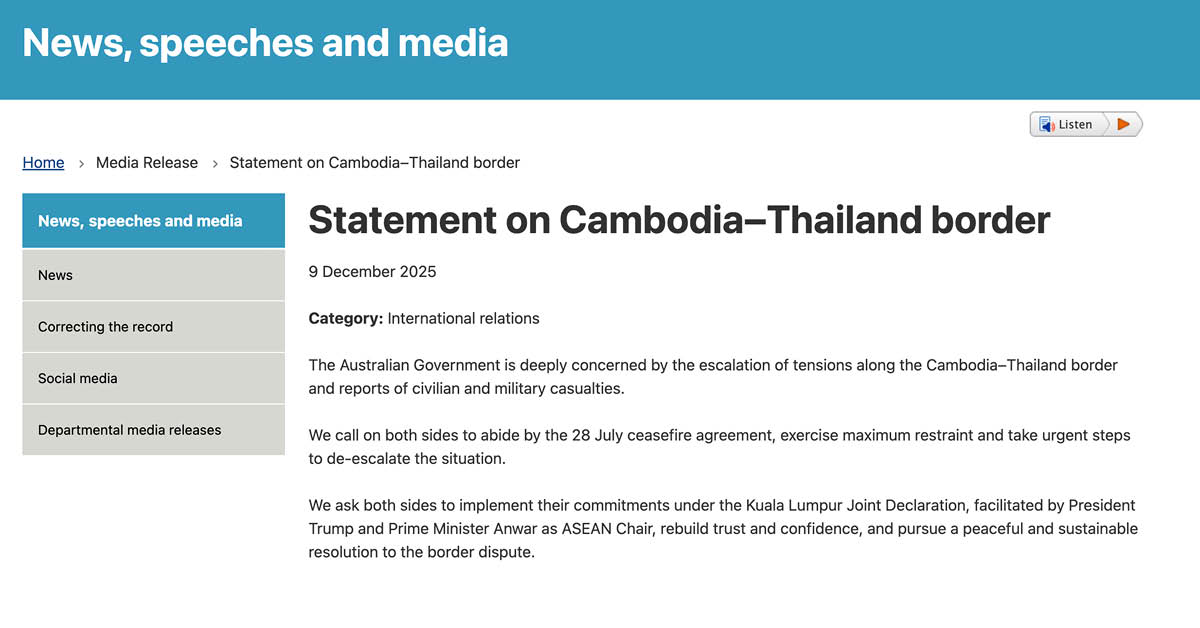 ออสเตรเลีย กังวลเหตุปะทะไทย-กัมพูชา ร้องให้ทำตามข้อตกลงหยุดยิง-ถ้อยแถลงฯ ร่วม