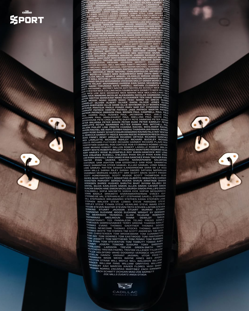 ภาพการแต่งกายของนักแข่งทีม Cadillac F1 พร้อมอุปกรณ์และโลโก้ทีมที่แสดงถึงสไตล์และความหรูหรา 10