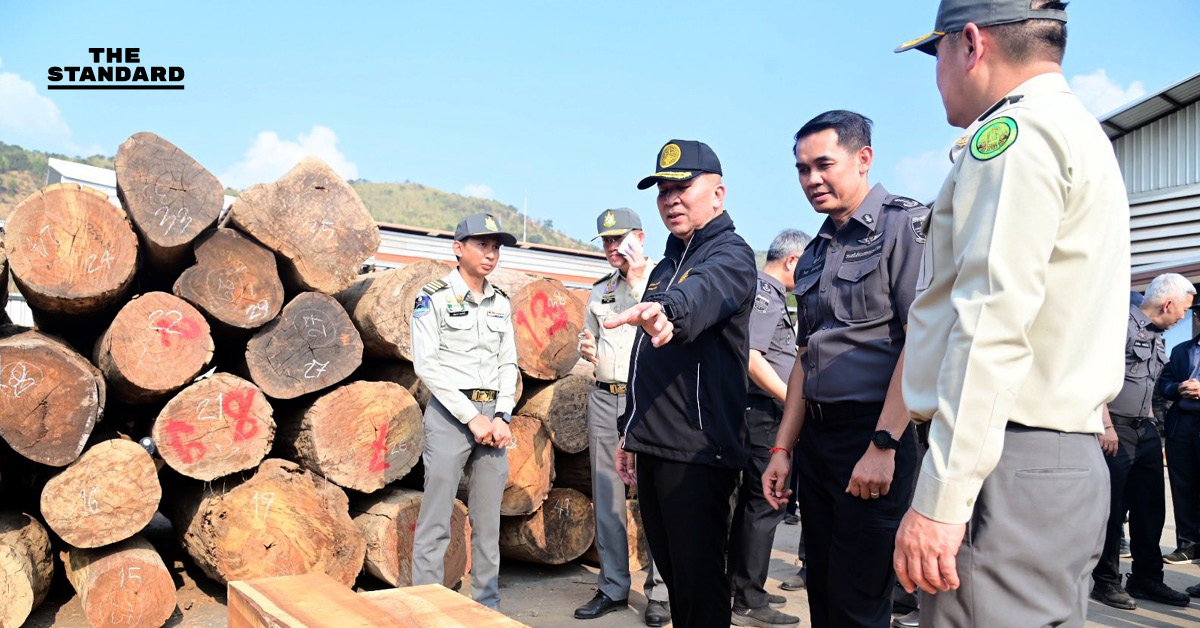 พล.ต.ท. รุทธพล เนาวรัตน์ รัฐมนตรีว่าการกระทรวงยุติธรรม และเจ้าหน้าที่ DSI กรมอุทยานฯ ตรวจสอบกองไม้ของกลางภายในโกดัง