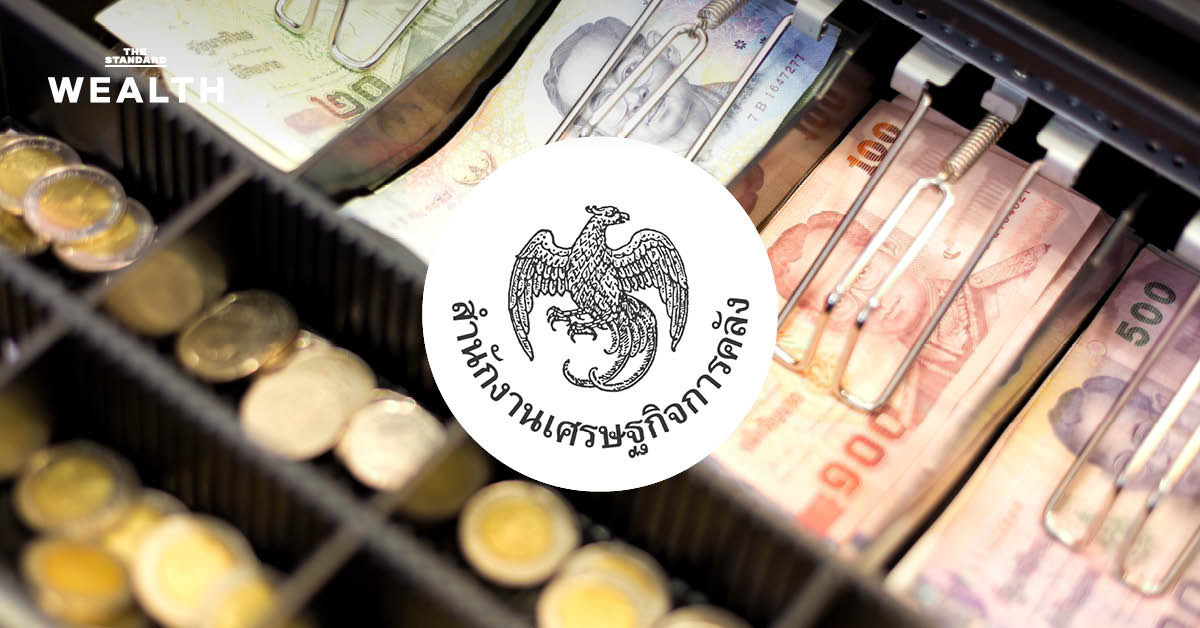 ภาพกราฟแสดงค่าเงินบาทและเงินดอลลาร์สหรัฐ ประกอบโลโก้กระทรวงการคลังและเฟด สื่อถึงการคาดการณ์เงินบาทอ่อนค่า