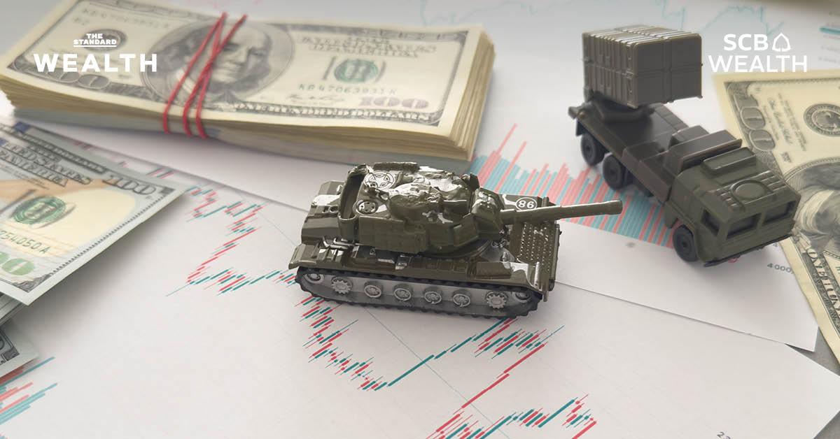 ภาพแสดงกราฟการลงทุน หรือลูกโลกที่ล้อมรอบด้วยสัญลักษณ์ทางการเงิน แสดงถึงกลยุทธ์การลงทุนในสภาวะโลกไม่แน่นอน