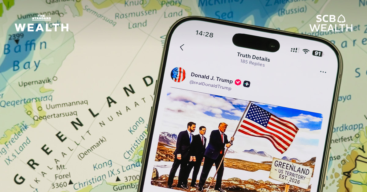 ภาพประกอบเชิงเศรษฐกิจ แสดงถึงกลยุทธ์ของโดนัลด์ ทรัมป์ ประเด็นกรีนแลนด์ และภาวะเศรษฐกิจจีน