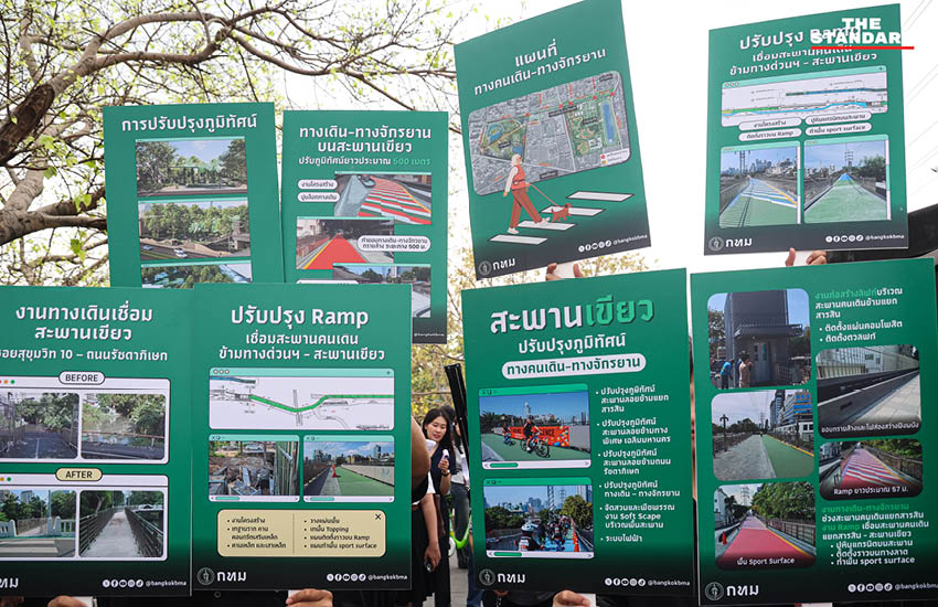 ภาพมุมสูงของสะพานเขียวที่ได้รับการปรับปรุงใหม่ เชื่อมต่อระหว่างสวนลุมพินีและสวนเบญจกิติ แสดงให้เห็นทางเดินและทางจักรยานหลากสีสัน 2
