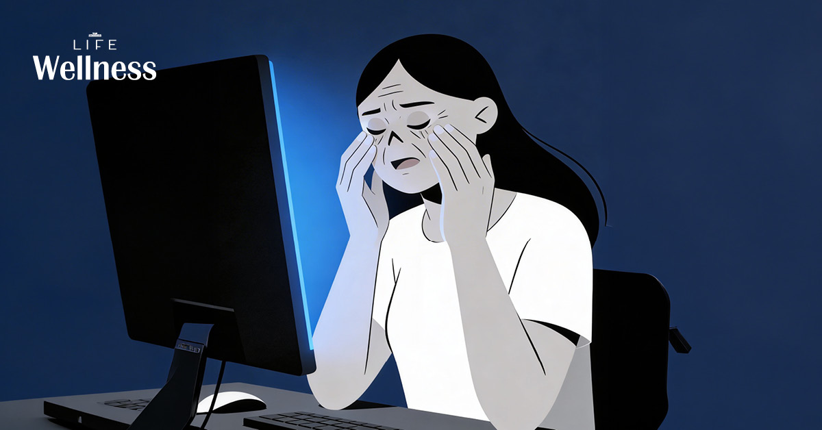 ภาพหญิงสาวใช้สมาร์ทโฟนในที่มืด มีแสงสีฟ้าจากหน้าจอกระทบใบหน้า แสดงถึงผลกระทบของ Blue Light ต่อผิว