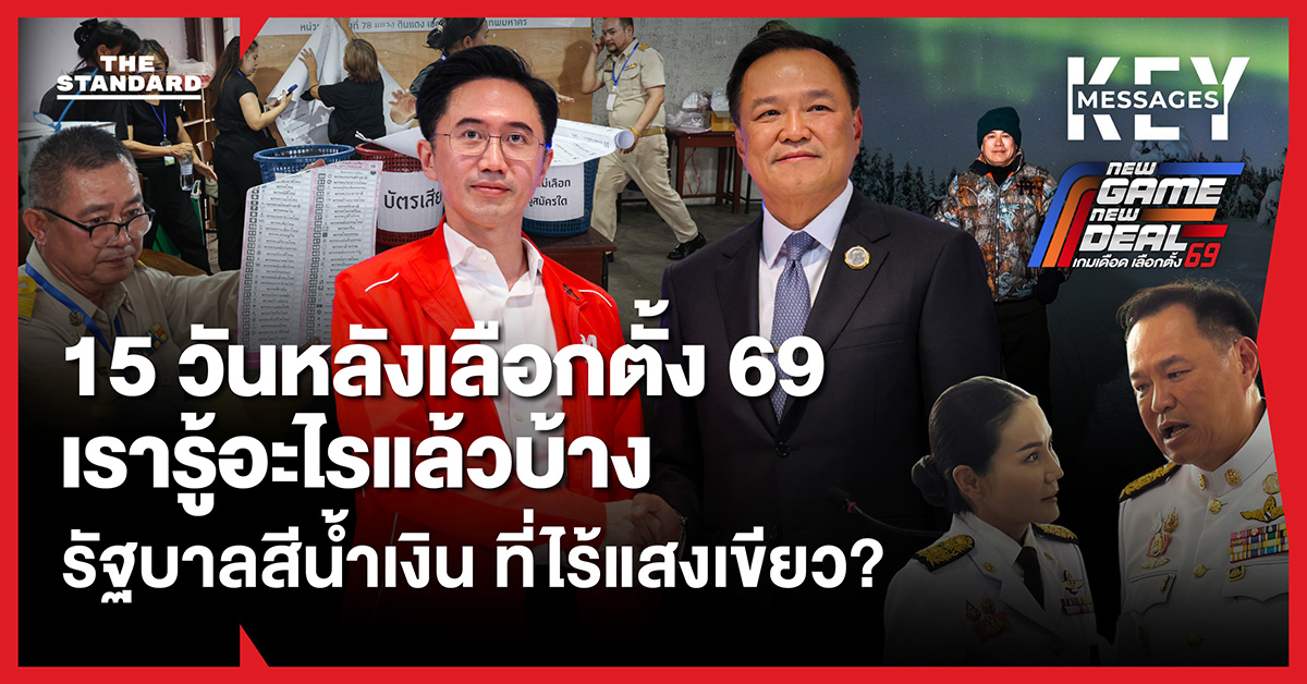 ภาพอนุทิน จับมือ ยศชนัน และคุยกับนฤมล ธรรมนัส โดยมีคูหาเลือกตั้งและบัตรเลือกตั้งเป็นฉากหลัง สะท้อนสถานการณ์การเมืองหลังเลือกตั้ง 69