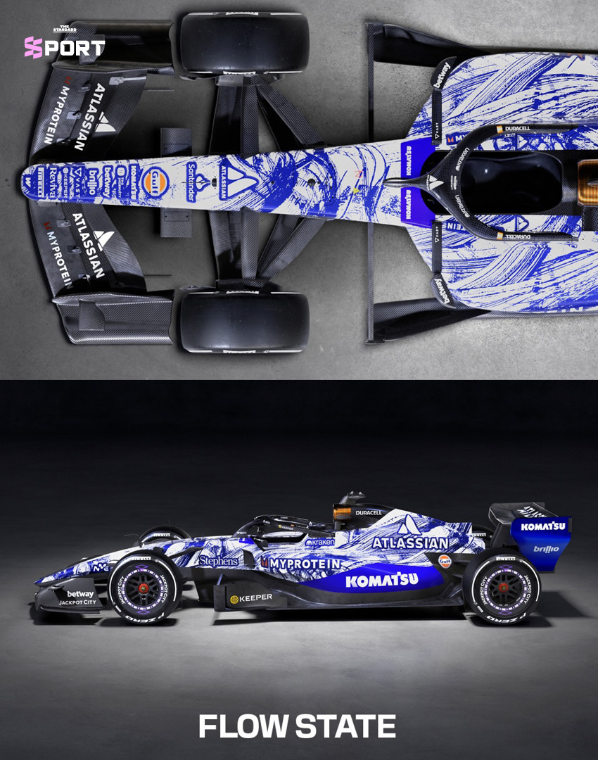 รถแข่ง FW48 ของทีม Atlassian Williams F1 ขณะทดสอบในสนามซิลเวอร์สโตน ด้วยลวดลาย Flow State Testing Livery ที่แฟนๆ โหวตเลือก 6