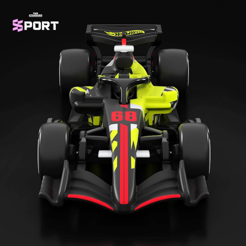 รถโมเดล Hot Wheels Formula 1 2026 สีดำคาดเหลืองแดง พร้อมยาง Pirelli 3 ชุด 4