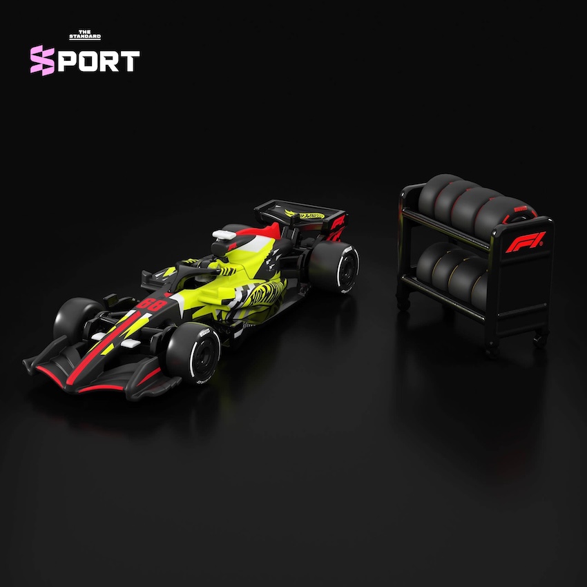 รถโมเดล Hot Wheels Formula 1 2026 สีดำคาดเหลืองแดง พร้อมยาง Pirelli 3 ชุด 6