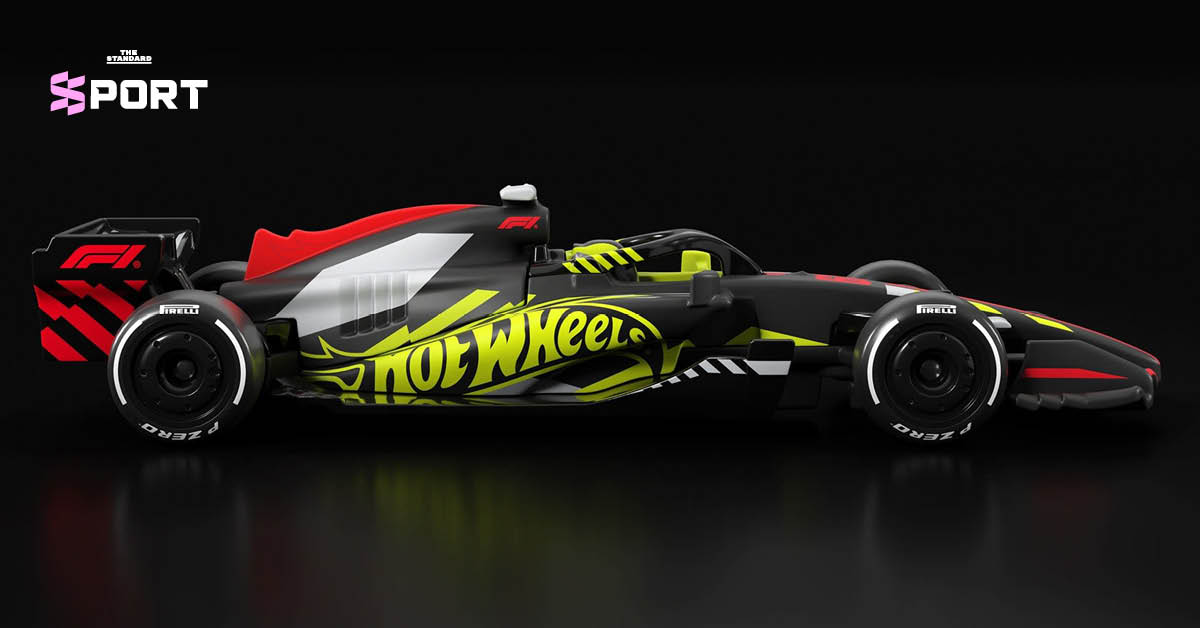 รถโมเดล Hot Wheels Formula 1 2026 สีดำคาดเหลืองแดง พร้อมยาง Pirelli 3 ชุด
