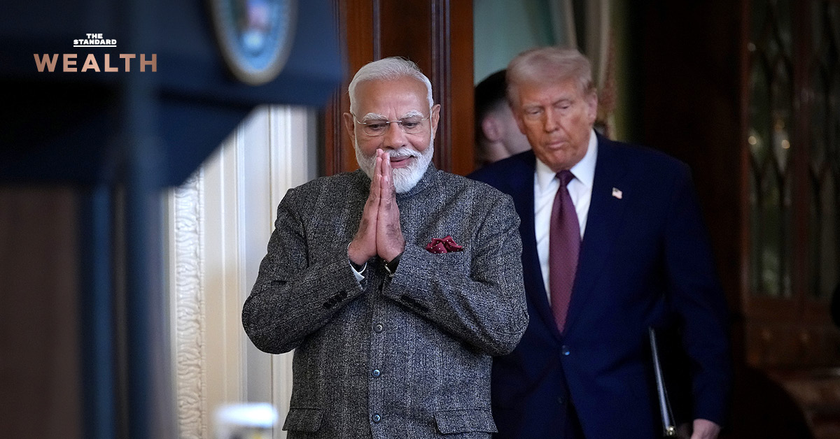 ภาพแสดงความสัมพันธ์ทางการค้าและภูมิรัฐศาสตร์ระหว่างอินเดีย สหภาพยุโรป และสหรัฐอเมริกา เน้นย้ำบทบาทที่กำลังโดดเด่นของอินเดีย