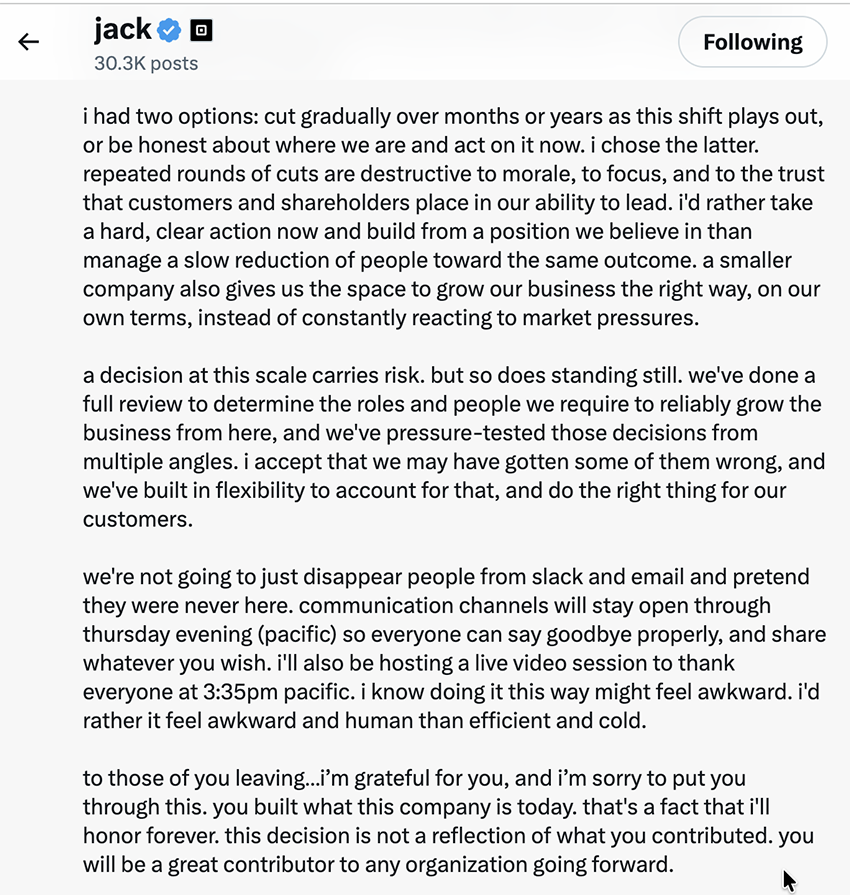 Jack Dorsey ซีอีโอ Block ประกาศปลดพนักงานหลายพันคนจากผลกระทบของ AI 2