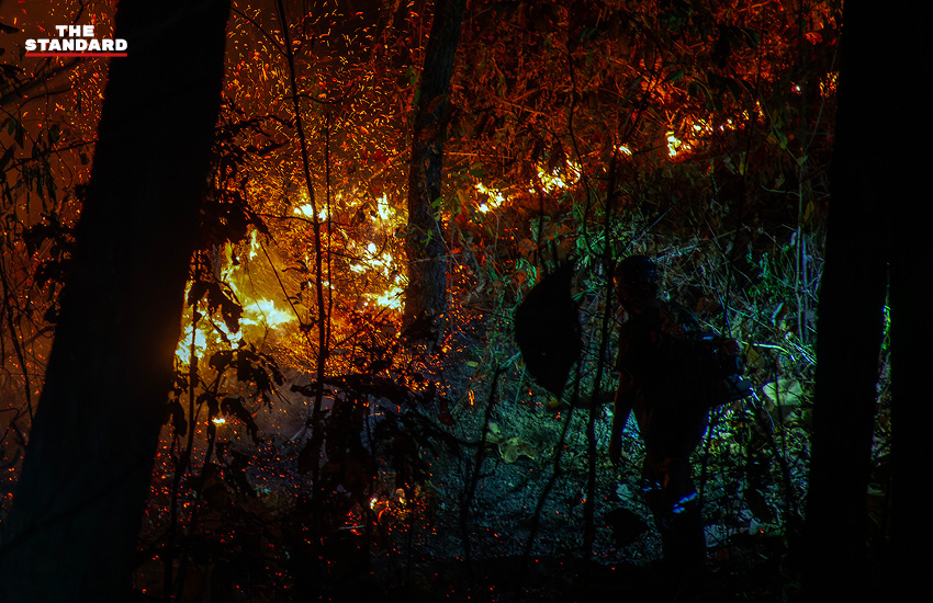 ภาพเจ้าหน้าที่ระดมกำลังเดินเท้าเข้าควบคุมไฟป่าที่ลุกลามในพื้นที่หน้าผาสูงชันอำเภอแม่ออน 6