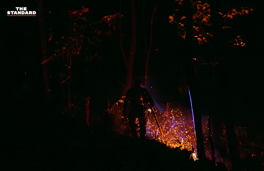 ภาพเจ้าหน้าที่ระดมกำลังเดินเท้าเข้าควบคุมไฟป่าที่ลุกลามในพื้นที่หน้าผาสูงชันอำเภอแม่ออน 7