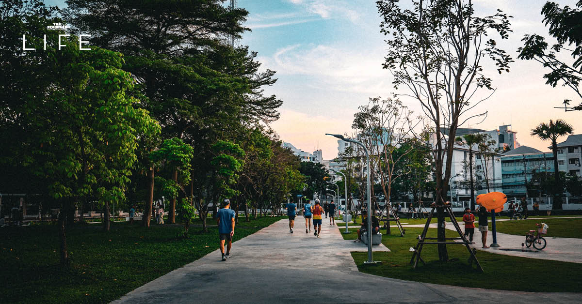 ภาพมุมกว้างของสวนเฉลิมพระเกียรติฯ 80 พรรษา (สาทร) โฉมใหม่ ที่เต็มไปด้วยพื้นที่สีเขียว สนามหญ้ากว้าง และพืชพรรณร่มรื่น