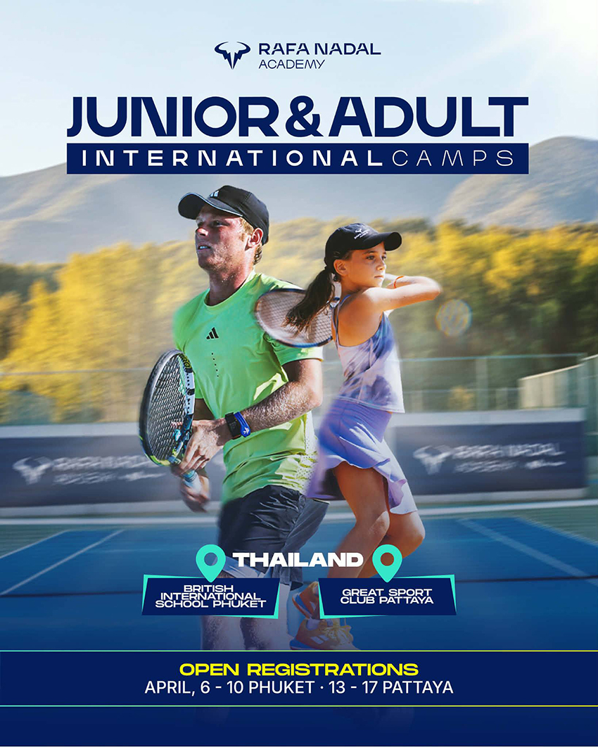 ภาพนักเทนนิสกำลังฝึกซ้อมในคอร์ตของ Rafael Nadal Academy ซึ่งจะมาจัดแคมป์ที่พัทยาและภูเก็ต ประเทศไทย 9