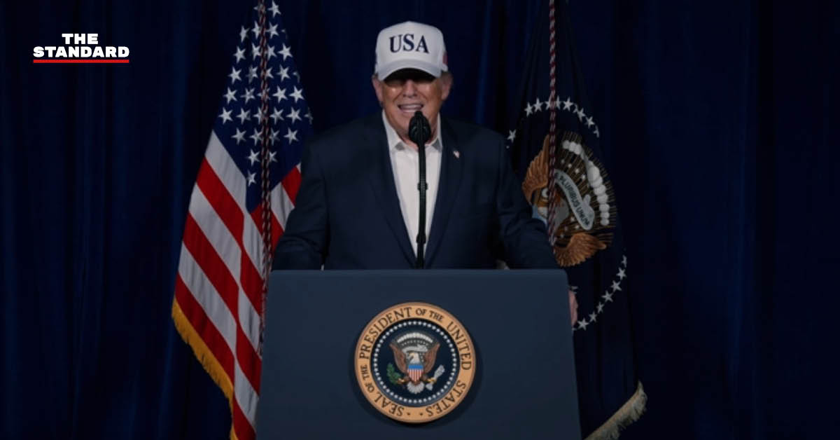 โดนัลด์ ทรัมป์ ขณะแถลงข่าวประกาศปฏิบัติการสู้รบครั้งใหญ่ต่ออิหร่าน พร้อมชี้ถึงภัยคุกคามจากอาวุธนิวเคลียร์