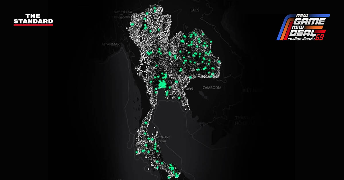 แผนที่แสดงสถานะการสังเกตการณ์หน่วยเลือกตั้งด้วยแอปพลิเคชัน We Check ที่มีจุดสีต่างๆ แทนสถานะอาสาสมัคร
