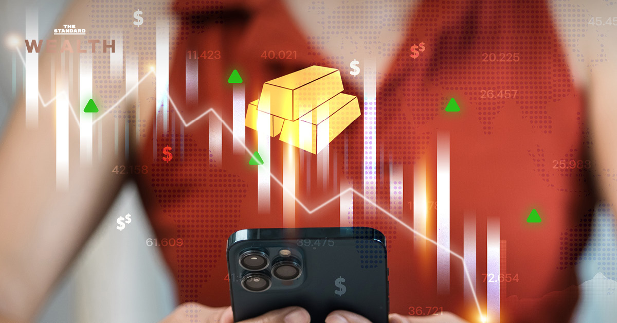 ภาพประกอบการลงทุนทองคำในแอปพลิเคชัน พร้อมโลโก้ YLG และกราฟราคาทองคำที่คาดการณ์