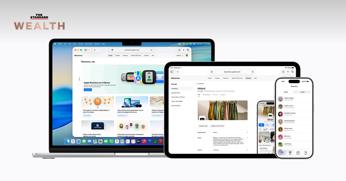 ภาพกราฟิก Apple Business แสดงบริการจัดการอุปกรณ์สำหรับองค์กร เปิดให้บริการฟรีทั่วโลก 14 เม.ย. นี้