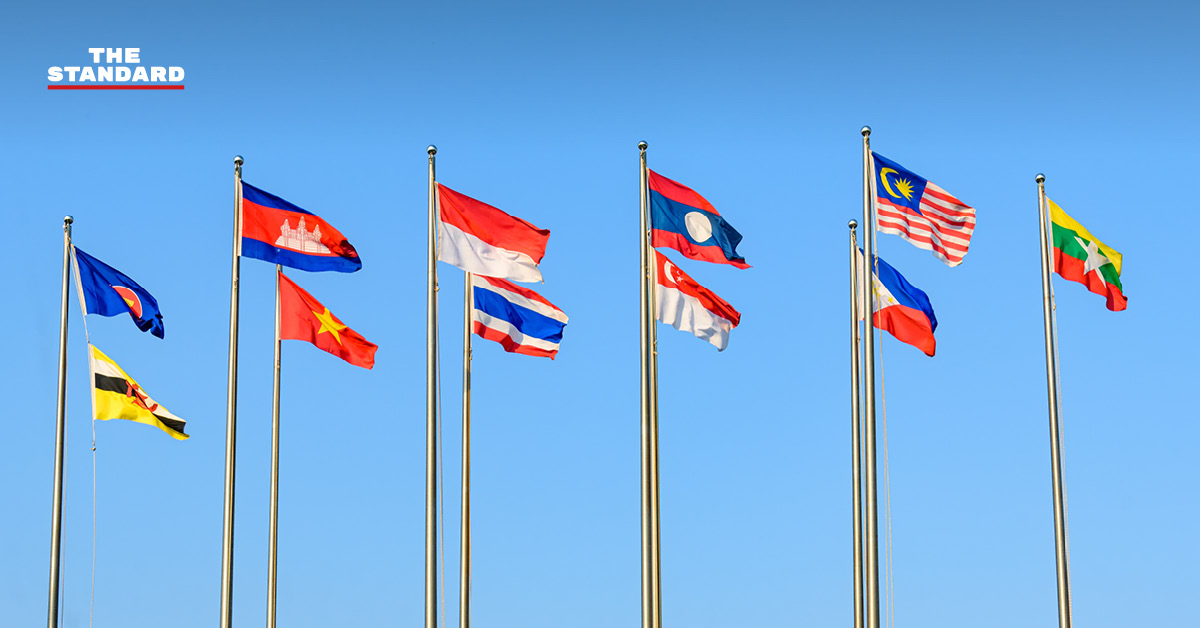 แผนที่ ตะวันออกกลาง แสดงพื้นที่ความขัดแย้ง และธงชาติของกลุ่มประเทศ อาเซียน สะท้อนความกังวลและการเรียกร้องสันติภาพ