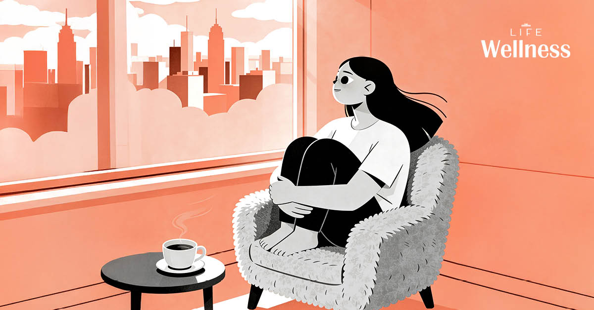 ภาพประกอบ Dawdle Therapy: ผู้หญิงนั่งมองออกไปนอกหน้าต่าง ปล่อยความคิดให้ล่องลอยอย่างผ่อนคลาย