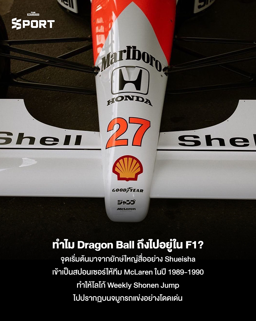 ภาพโกคูและผองเพื่อนจาก Dragon Ball ในชุดทีมแข่ง McLaren บนสนาม F1 3