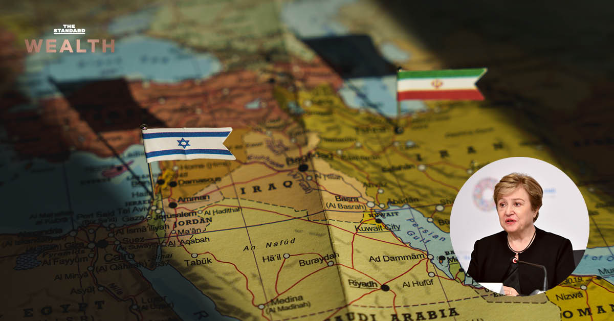 ภาพแผนที่ตะวันออกกลางแสดงธงชาติอิสราเอลและอิหร่าน สื่อถึงความขัดแย้งที่ IMF กังวลจะส่งผลต่อเศรษฐกิจโลก