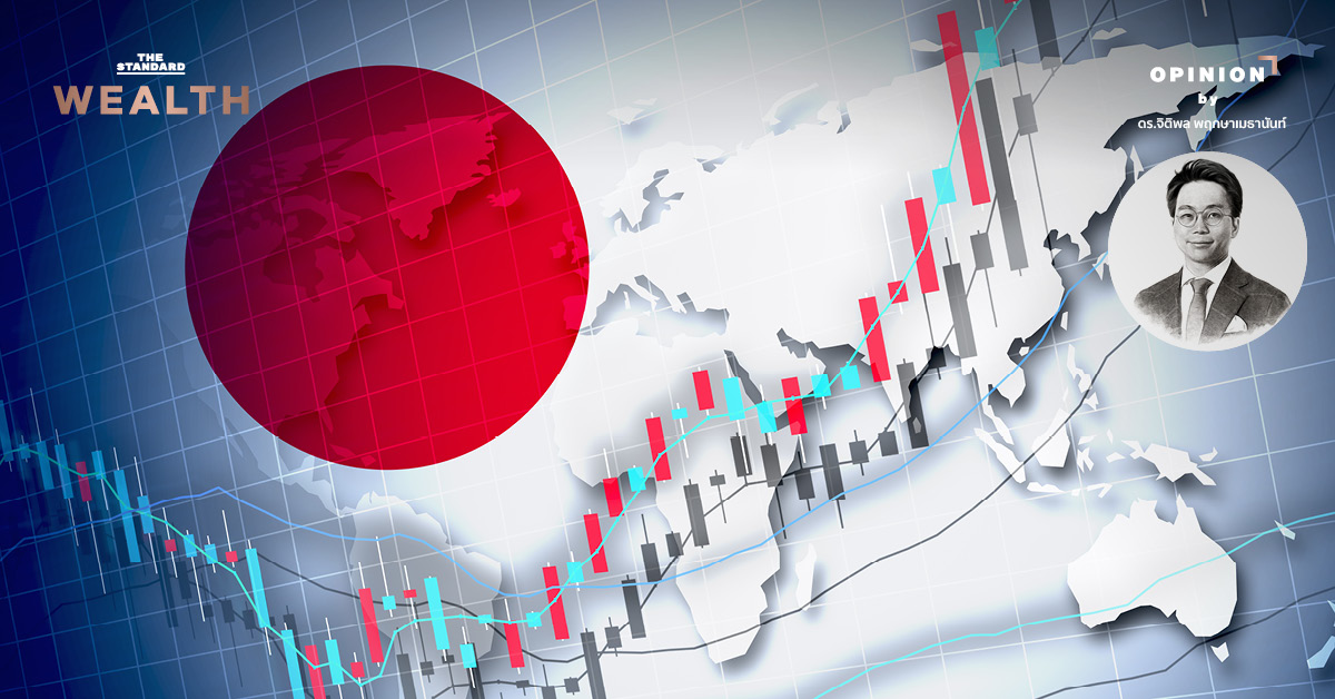 กราฟแสดงส่วนประกอบของผลตอบแทนการลงทุนและระดับ P/E ของตลาดหุ้นญี่ปุ่น