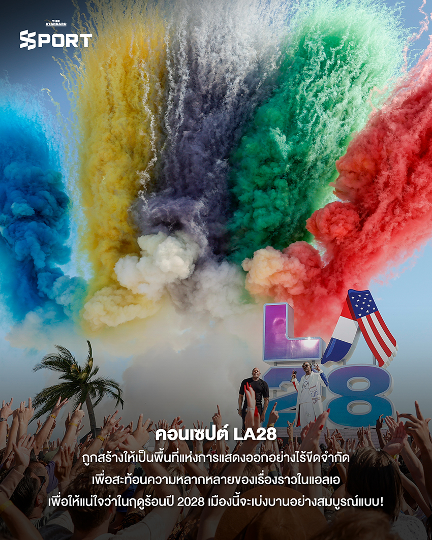 องค์ประกอบดีไซน์และอัตลักษณ์ของ โอลิมปิก LA28 ประกอบด้วยโลโก้ สี และกราฟิก 1