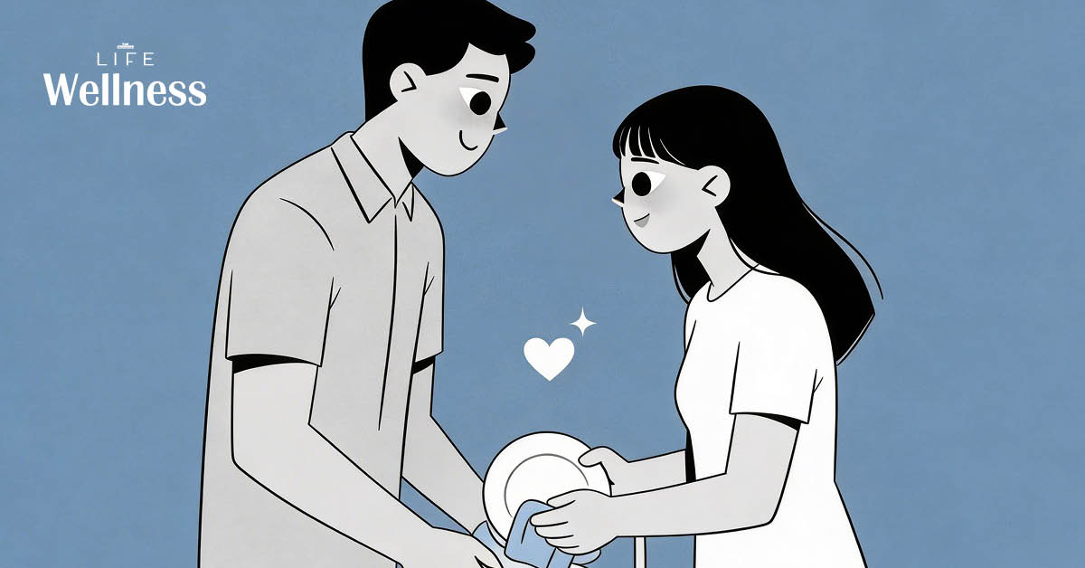 ภาพคู่รักแสดงความรักผ่านการกระทำในชีวิตประจำวัน