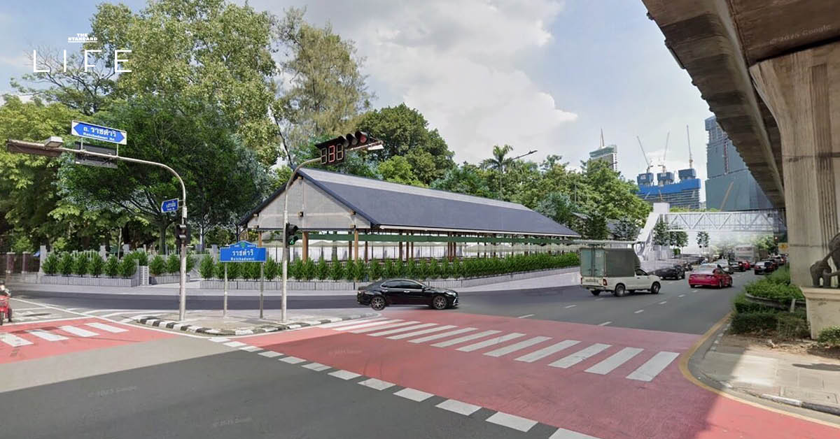 ภาพจำลอง Hawker Center สวนลุมพินี อาคารกึ่งเอาต์ดอร์หลังคาจั่ว ริมถนนราชดำริ