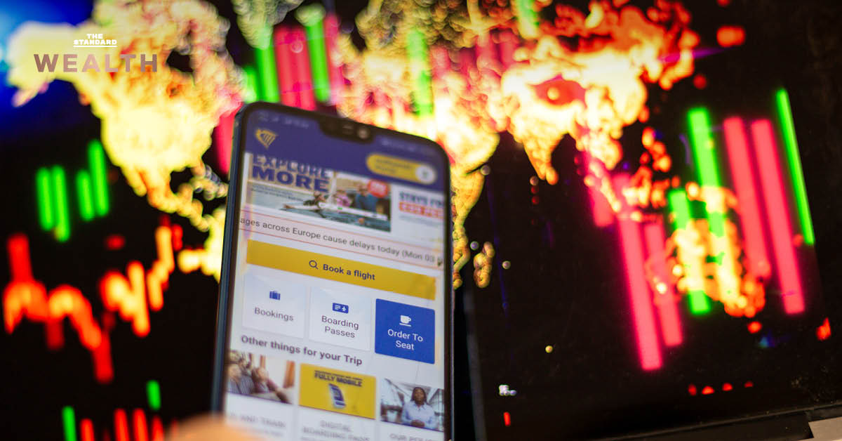 ภาพประกอบแอปพลิเคชันจองตั๋วเครื่องบิน Ryanair พร้อมข้อความระบุผลกระทบสงครามตะวันออกกลางต่อหุ้นท่องเที่ยวและหุ้นกลุ่มอาวุธ