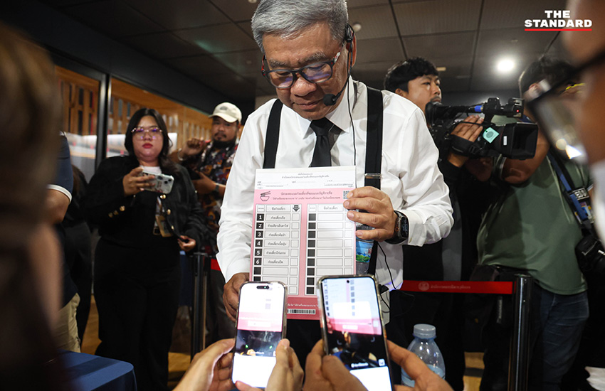 ภาพการจำลองการเลือกตั้ง โดยใช้บัตรก๋วยเตี๋ยวพร้อมบาร์โค้ด เพื่อทดสอบการสืบตัวตนผู้ลงคะแนน โดยมี สมชัย ศรีสุทธิยากร และตัวแทนภาคประชาชนเข้าร่วม 2