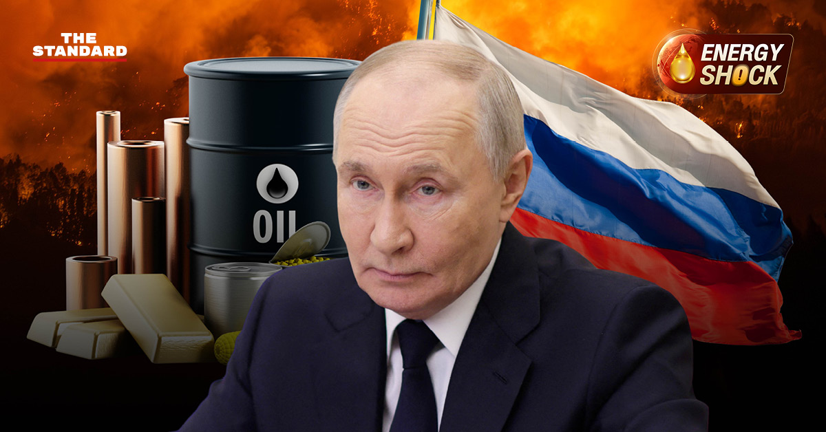 ภาพวลาดิเมียร์ ปูติน ยืนอยู่ข้างหน้า โดยมีฉากหลังเป็นเปลวไฟ, น้ำมัน และทองคำแท่ง พร้อมธงชาติรัสเซีย สื่อถึงชัยชนะของรัสเซียในสงคราม สหรัฐฯ-อิหร่าน